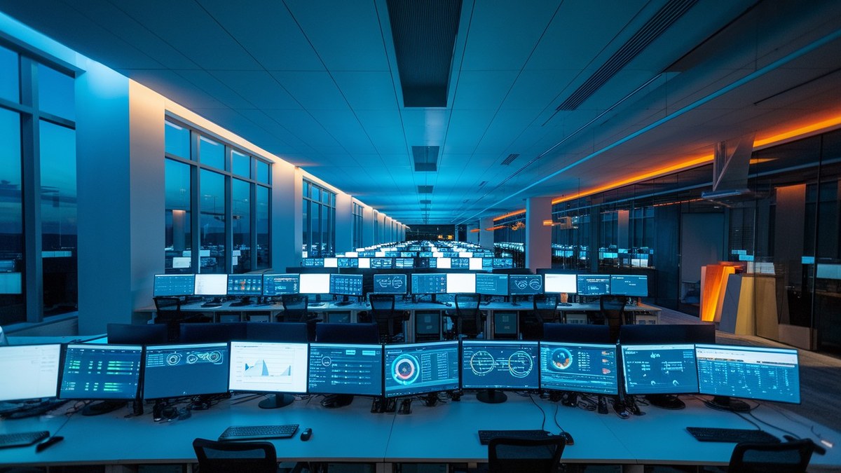 Escritório comercial vazio à noite com dashboards de CRM nas telas