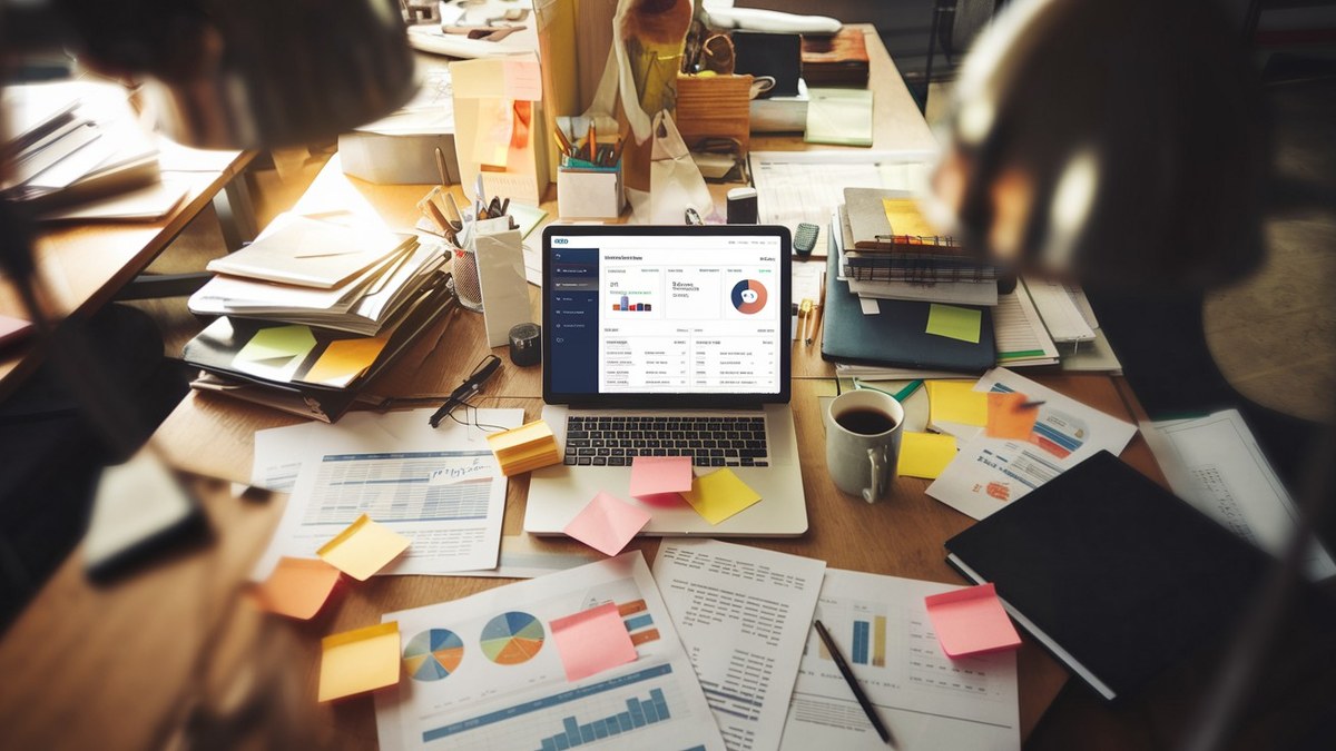 Mesa de escritório com planilhas e CRM mostrando funil de vendas manual