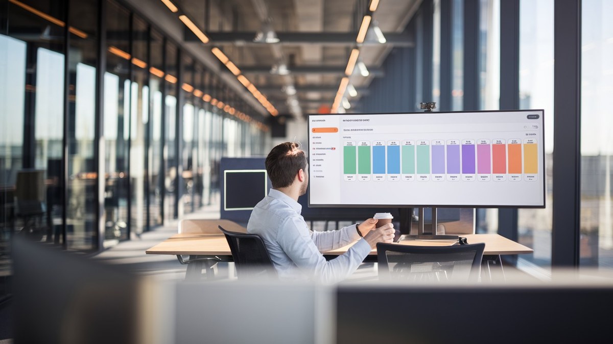 Vendedor analisando pipeline visual em CRM moderno em escritório iluminado