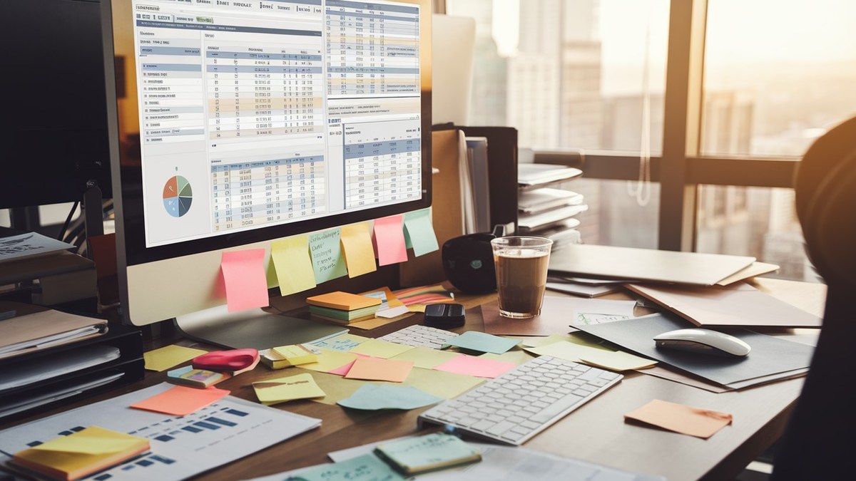Mesa de escritório com várias planilhas abertas, papéis e anotações coladas no monitor