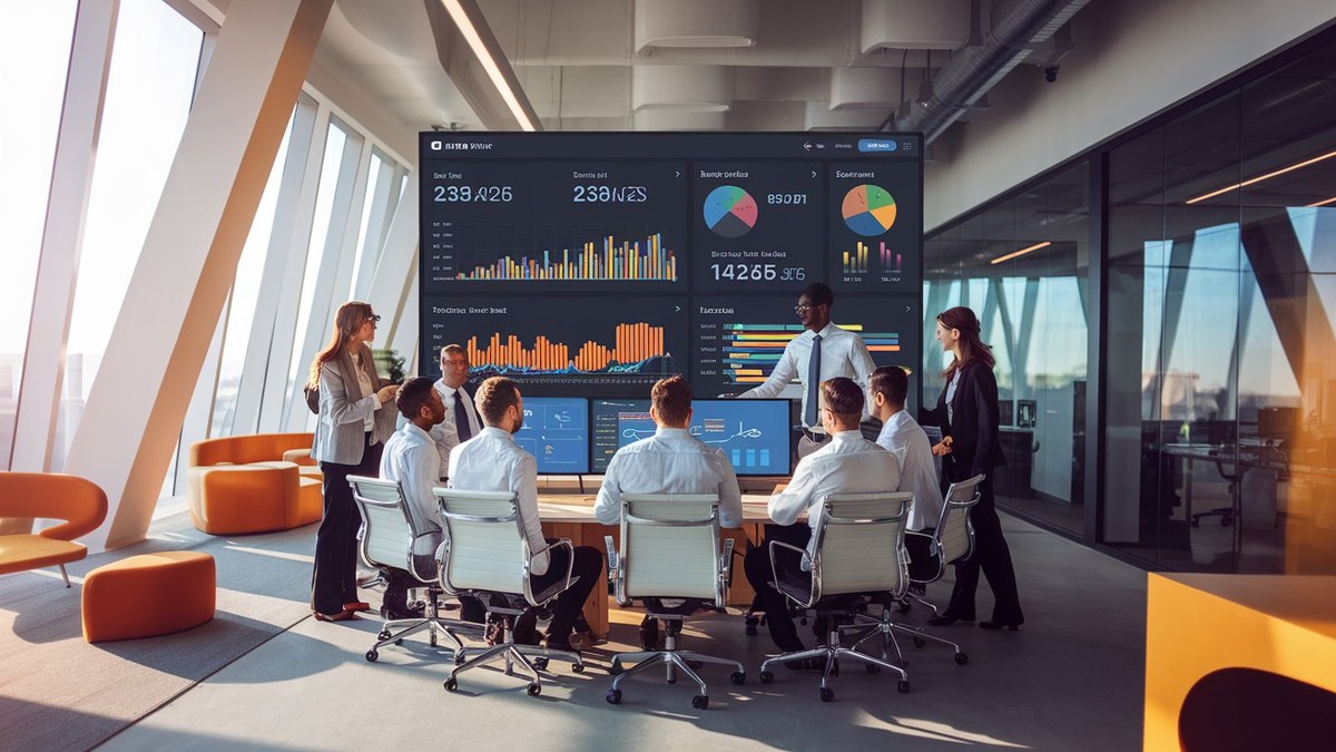 Time comercial analisando dashboard de CRM com métricas do funil de vendas em tempo real