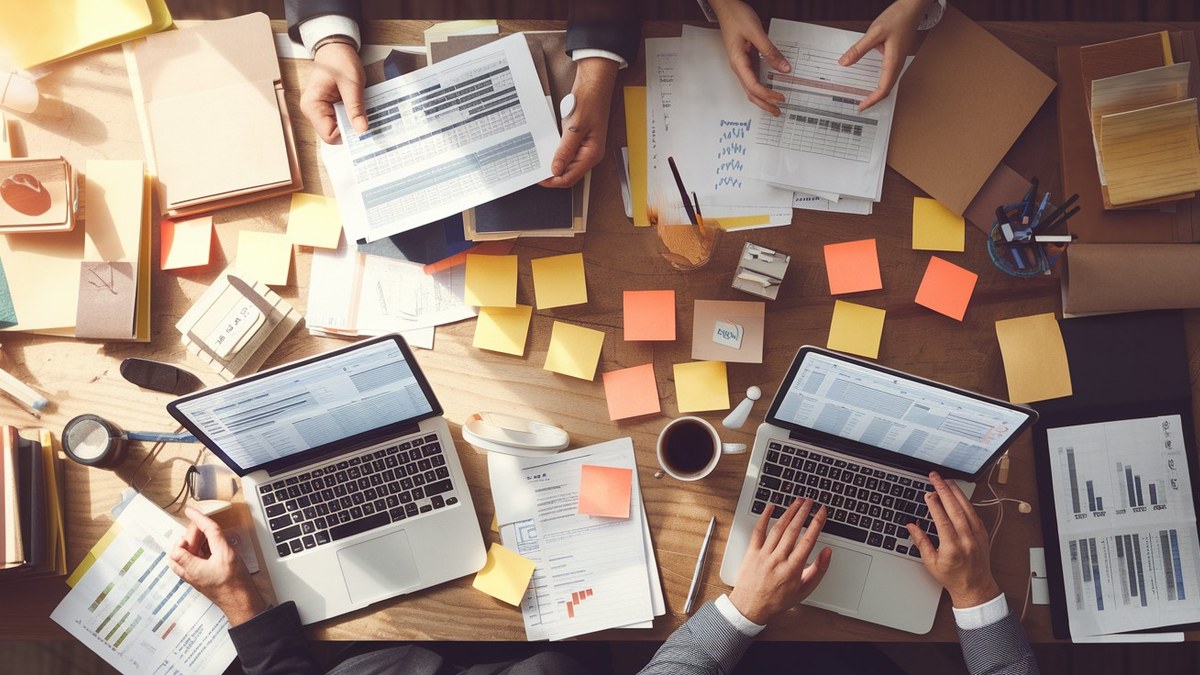 Mesa de escritório com laptops mostrando planilhas conflitantes