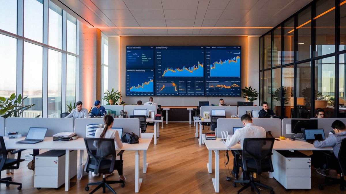 Equipe comercial em escritório moderno com dashboard de pipeline na parede