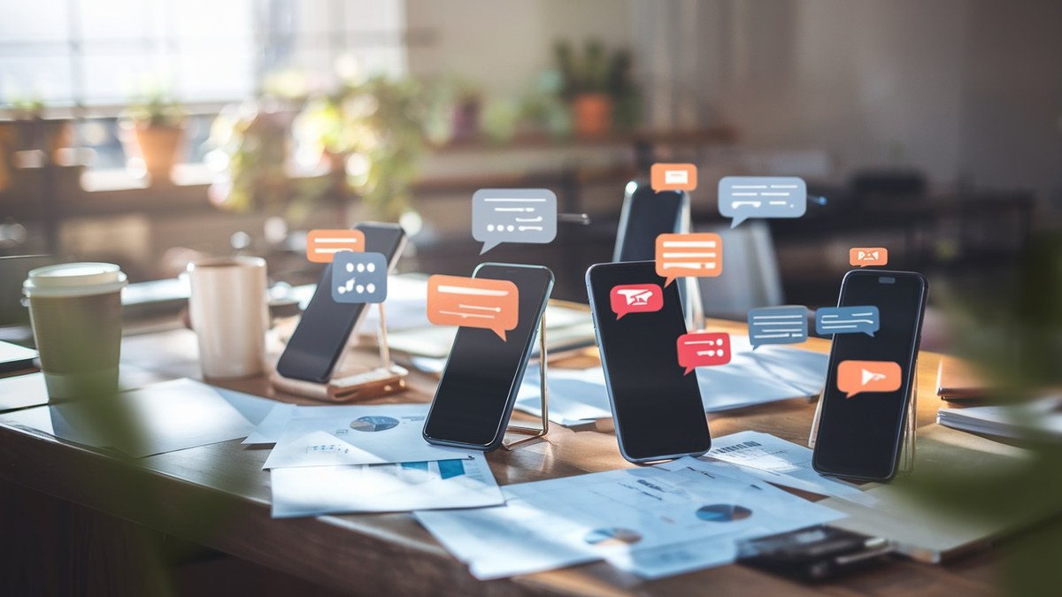 Escritorio con varios smartphones mostrando distintas aplicaciones de mensajería simultáneamente