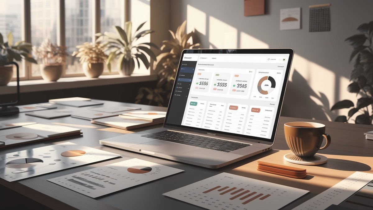 Dashboard de CRM abierto en una notebook sobre escritorio moderno con luz natural cálida