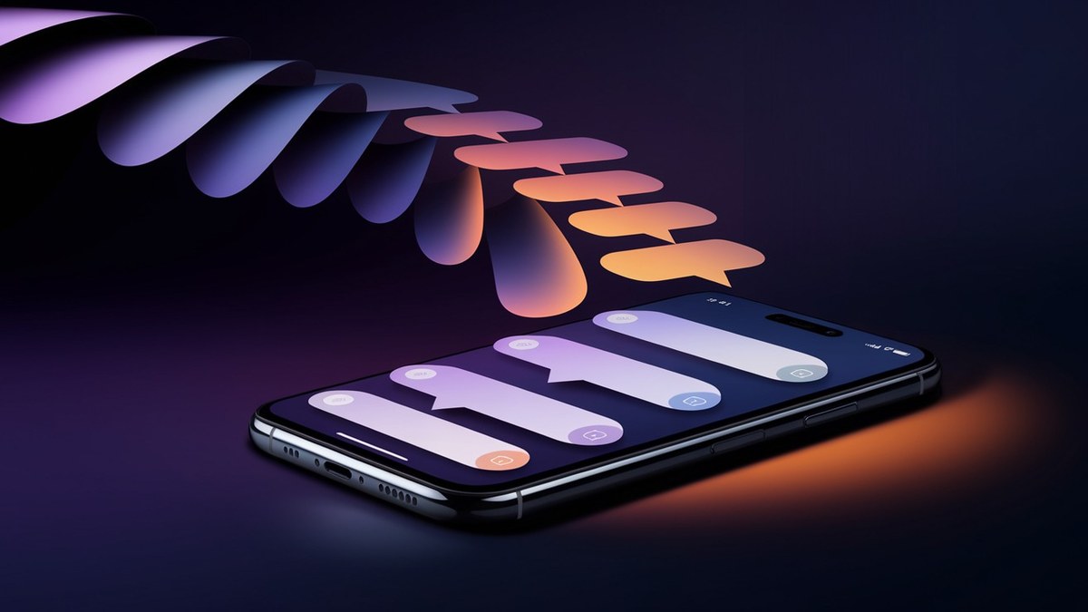 Smartphone con una conversación de WhatsApp mostrando una secuencia de mensajes de nurture sobre fondo oscuro con luz violeta