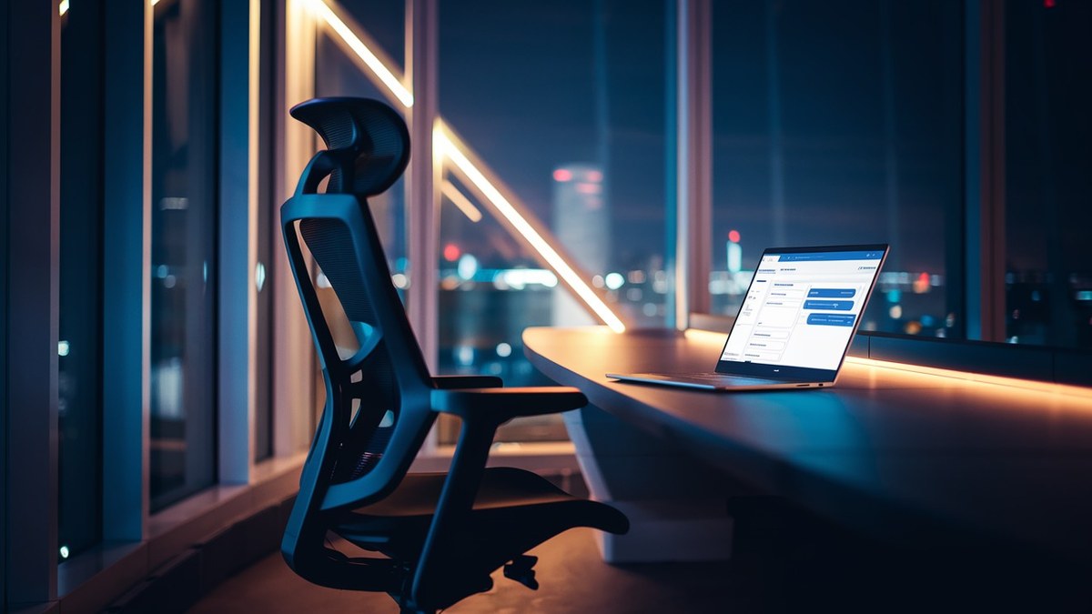 Pantalla de chat abierta en una oficina vacía de noche, con luces de la ciudad al fondo