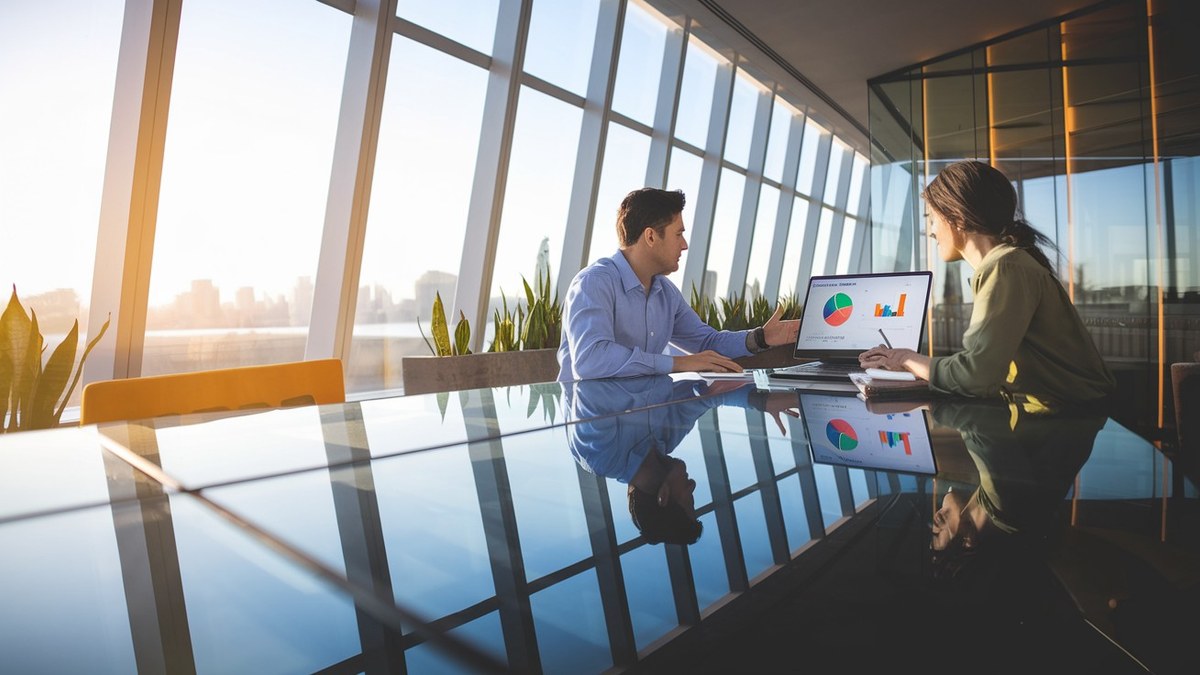 Dos profesionales analizando un panel de ventas en colaboración